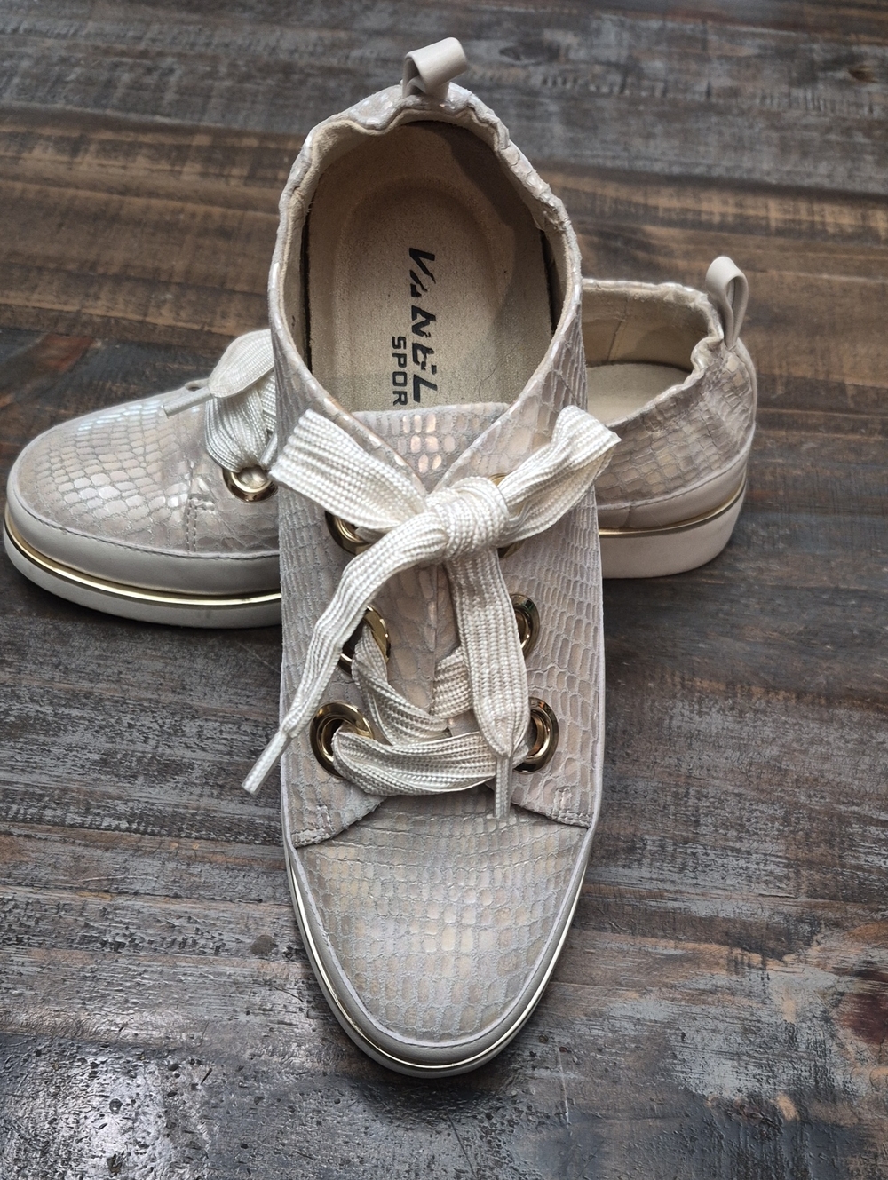 Vaneli Size 6.5US, Women's Beige Snake-Embossed Lace-Up Sneakers